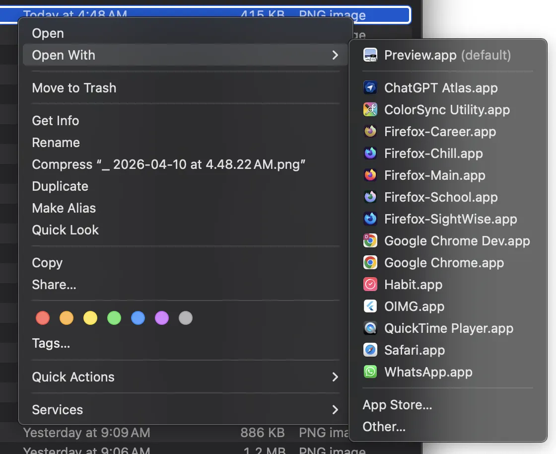 The macOS Finder open-with menu showing OIMG as an available app.